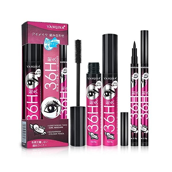 Ensemble de Mascara et dEye-Liner en Fibre 4D, Anti-taches Longue Durée Épaissit Mascara Noir Volume et Longueur Maquillage 