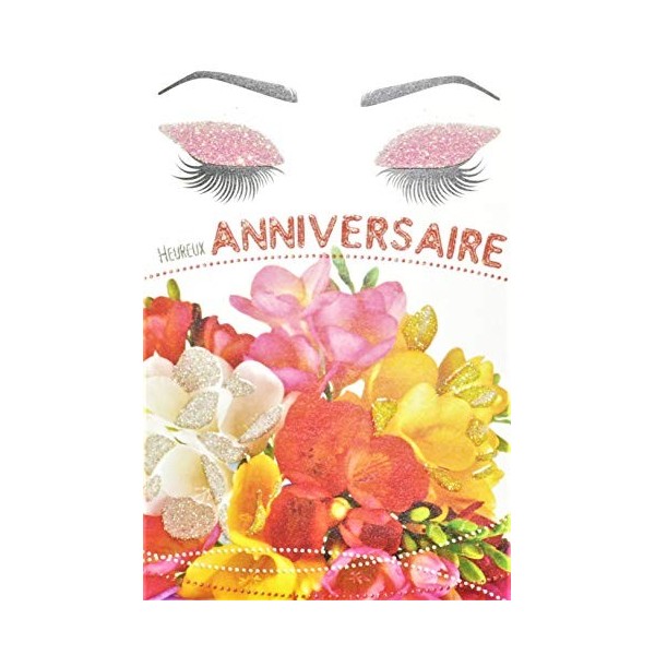 AFIE Carte Heureux Anniversaire avec Paillettes Femme qui Sent un Bouquet de Fleurs Freesia Maquillage Mascara Fabriqué en Fr