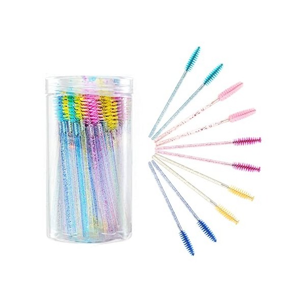 Lot de 100 pinceaux à cils jetables pour mascara et maquillage en cristal - Pour extensions de cils et sourcils - Avec récipi