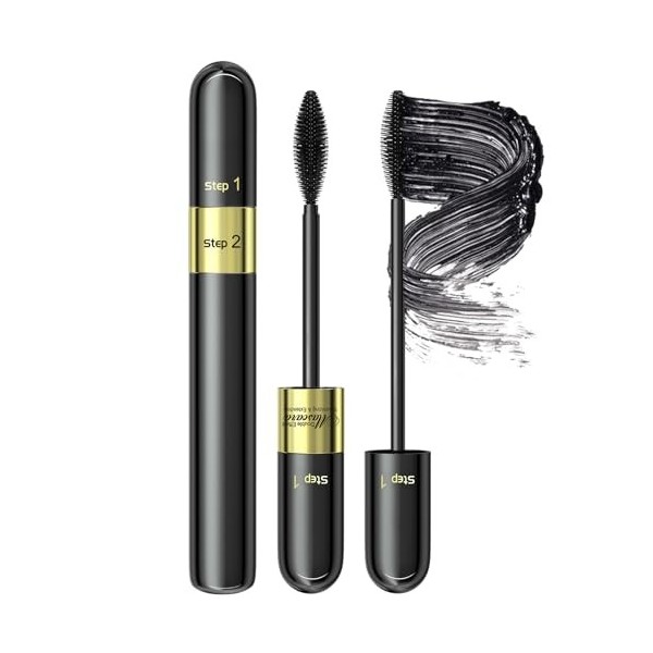 Mascara fibre de soie 4D, Mascara Waterproof Noir, 2 in 1 4D Silk Fiber Eyelash Mascara, cils longs, épais, Naturel Bio Anti-