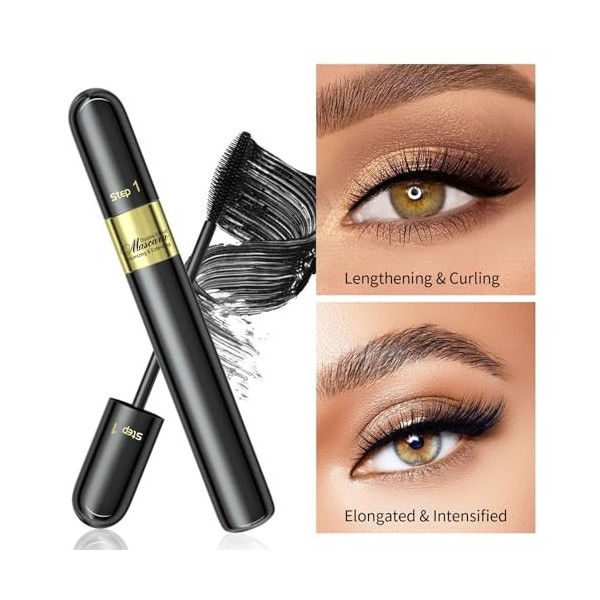 Mascara fibre de soie 4D, Mascara Waterproof Noir, 2 in 1 4D Silk Fiber Eyelash Mascara, cils longs, épais, Naturel Bio Anti-