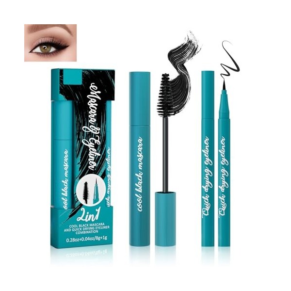 HOUSN Mascara et Eyeliner Set, Mascara Imperméable Noir, Liquide Eyeliner Imperméable, Mascara Fibreux plus Long, plus épais,