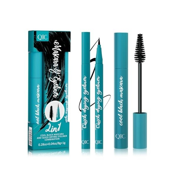 Mascara fibre de soie 4D, Mascara volume et longueur Waterproof, plus épais et Volumineux + Eyeliner, Crayon Eyeliner à Sécha