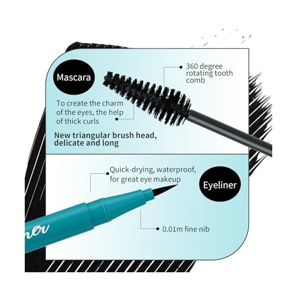 Mascara fibre de soie 4D, Mascara volume et longueur Waterproof, plus épais et Volumineux + Eyeliner, Crayon Eyeliner à Sécha