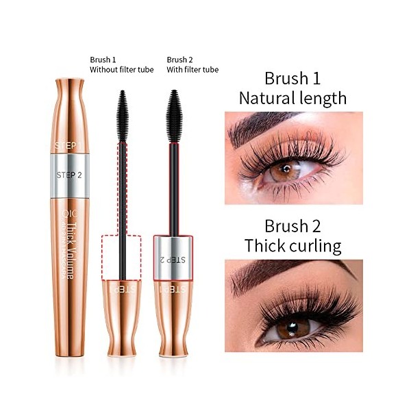 Mascara à cils en fibre de soie 4D avec 2 brosses, Mascara 2 en 1, anti-taches, Pas dagglutination, Pas décaillage, Épais e