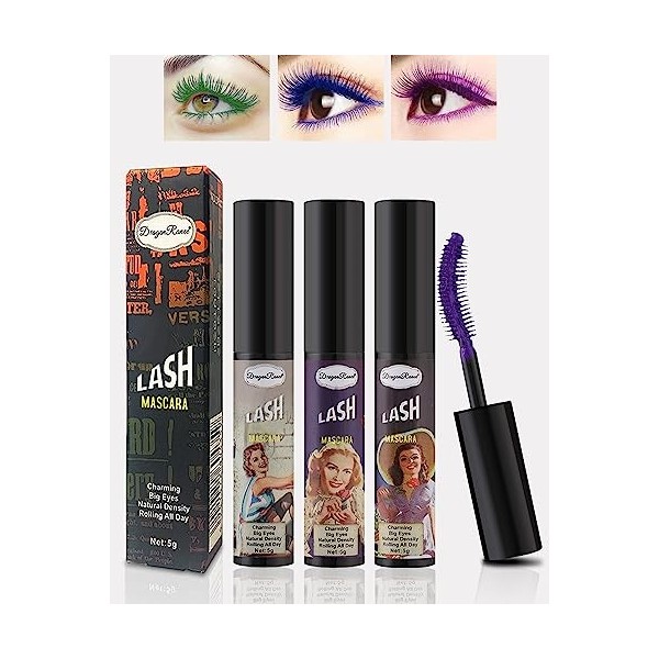 Mascara Volume et Longueur- 3Colors Bleu Vert Violet Mascara Extension de Cils Effet Volume, Waterproof et Longue Tenue,Not B