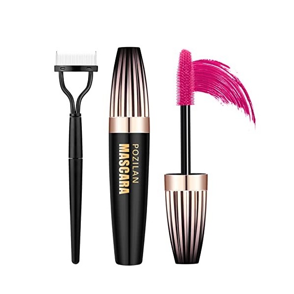 4D Silk Fiber Lash Mascara Waterproof Pink with Eyelash Comb Set, Colored Mascara for Eyelashes Pink Makeup - Lengthening, Vo