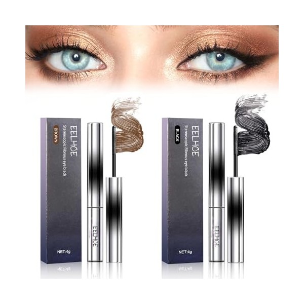 2PCS Mascara,1 Mascara Noir+1 Mascara Brun,3D Curling Eyelash Iron Mascara,Mascara Waterproof et Anti-taches,Long Lasting,No 