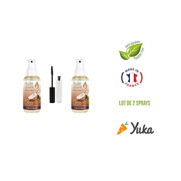 2 Sprays Huile de Coco Préphar Naturelle - Cils, Sourcils, Corps, Cheveux, Barbe, Ongles - Format Spray +1 Flaconnette Mascar