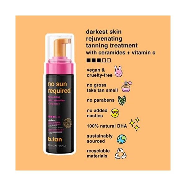 b.tan Self Tanner Mousse - No Sun Required - Darkest, Rejuvenating Self Tanning Treatment With Ceramides + Vitamin C, Self Ta