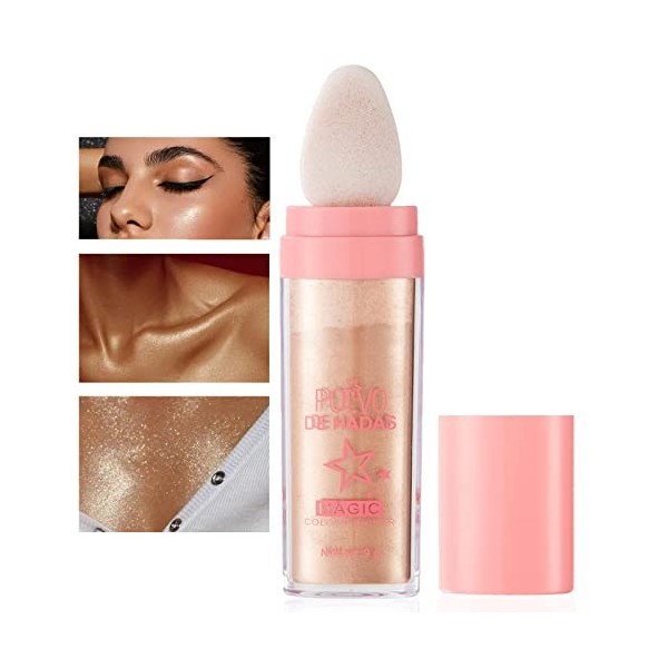 Fairy Highlighter Powder Body Highlighter, Body Glitter, Shimmer Face and Body Highlighter Powder with Sponge Head, Magic Col