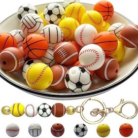 Yooghuge 49 Pièces Kit Sport en Silicone Porte-clés Perlé 15mm Silicone Qualité Alimentaire Bricolage Bracelet Basket-Ball Fo