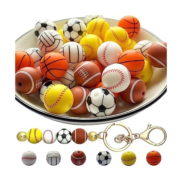 Yooghuge 49 Pièces Kit Sport en Silicone Porte-clés Perlé 15mm Silicone Qualité Alimentaire Bricolage Bracelet Basket-Ball Fo