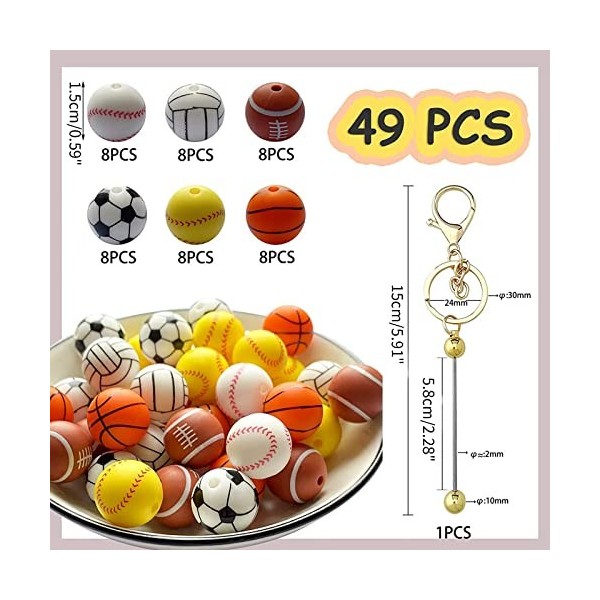 Yooghuge 49 Pièces Kit Sport en Silicone Porte-clés Perlé 15mm Silicone Qualité Alimentaire Bricolage Bracelet Basket-Ball Fo