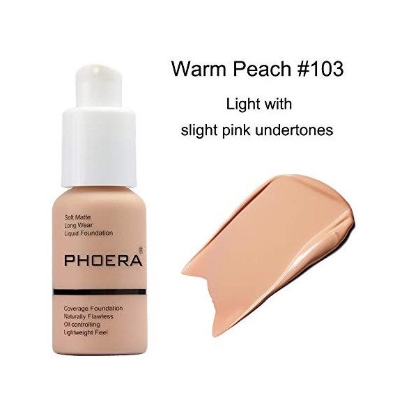 Phoera Fond de teint Full Coverage - Doux et mat - Oil Control - 30 ml - Crème lisse et longue durée - 24HR 103 Warm Peach 