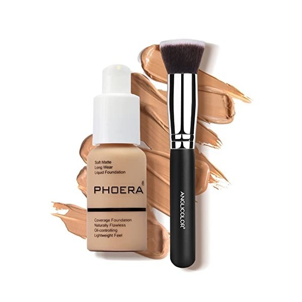 Junhe PHOERA Fond de teint liquide, fond de teint couverture complète 24 heures fond de teint liquide anti-cernes mat avec pi...