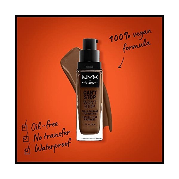 NYX Professional Makeup Fond de Teint Liquide Couvrant Tenue 24h Cant Stop Wont Stop, Waterproof, Fini Mat, Teinte : Deep c
