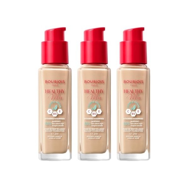 3 x Bourjois Healthy Mix Clean and Vegan Foundation 30ml - 51.2W Golden Vanilla