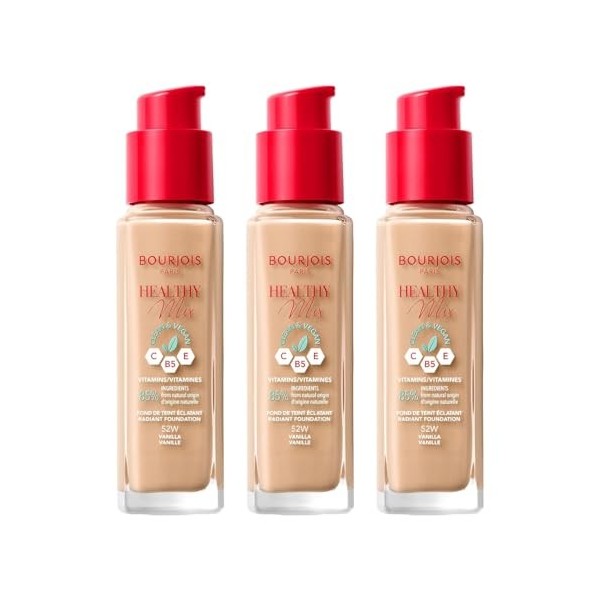 3 x Bourjois Healthy Mix Clean and Vegan Foundation 30ml - 52W Vanilla