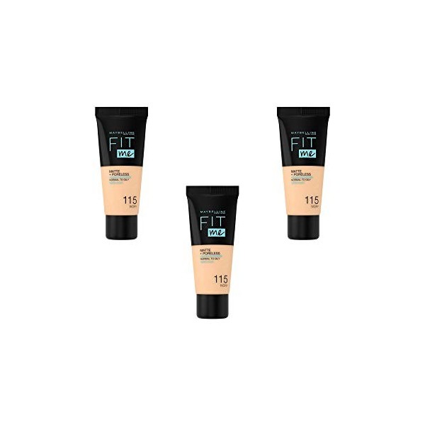 Maybelline New York Fond de teint Fluide Fit Me Matte & Poreless - 115 Ivoire, Lot de 3 3 x 30ml 