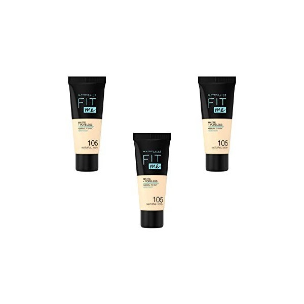 Maybelline New York Fond de teint Fluide Fit Me Matte & Poreless - 105 Ivoire Naturel, Lot de 3 3 x 30ml 