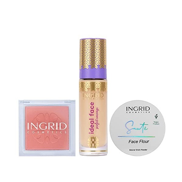 Ingrid Cosmetics Ideal Face-Foundation 16 Pêche - Ensemble Complet pour Maquillage - Poudre dAvoine Sauté Matifiant - Blush 