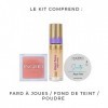 Ingrid Cosmetics Ideal Face-Foundation 16 Pêche - Ensemble Complet pour Maquillage - Poudre dAvoine Sauté Matifiant - Blush 