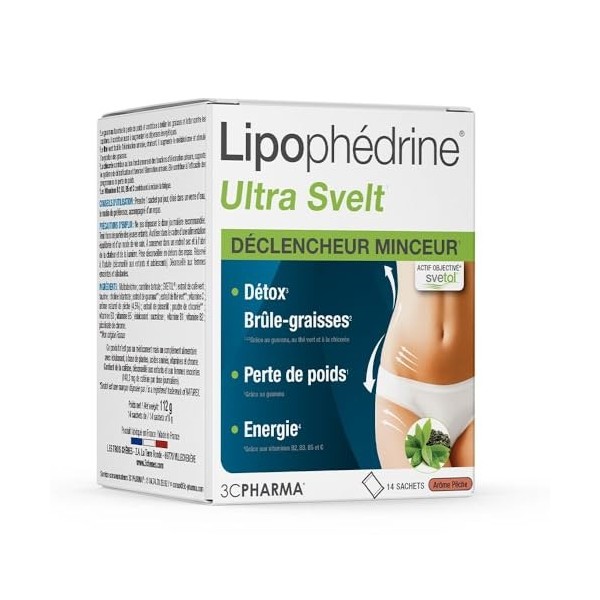 LIPOPHEDRINE ULTRA SVELT - Minceur Détox Brûle Graisses | Boisson Saveur Pêche | Guarana, Thé Vert, Chicorée, Vitamines et Ch