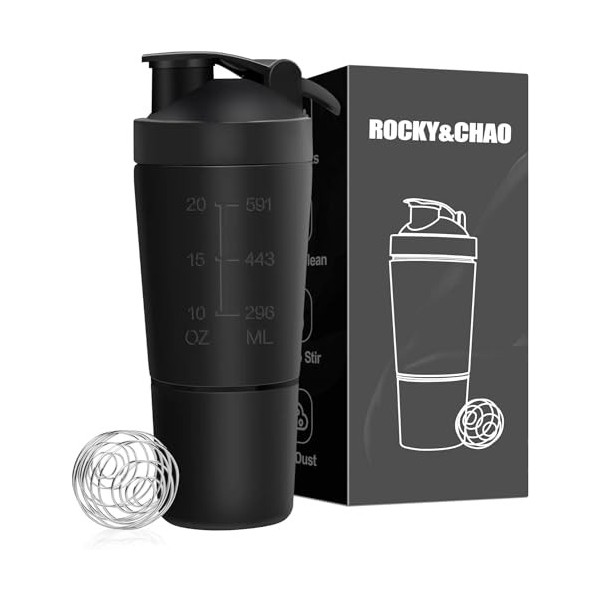 ROCKY&CHAO Shaker Shaker Shake à protéines, 700 + 200 ml, en acier inoxydable, avec compartiment à poudre et boule, pour les 