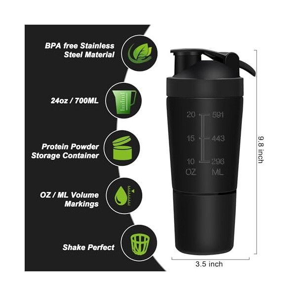 ROCKY&CHAO Shaker Shaker Shake à protéines, 700 + 200 ml, en acier inoxydable, avec compartiment à poudre et boule, pour les 