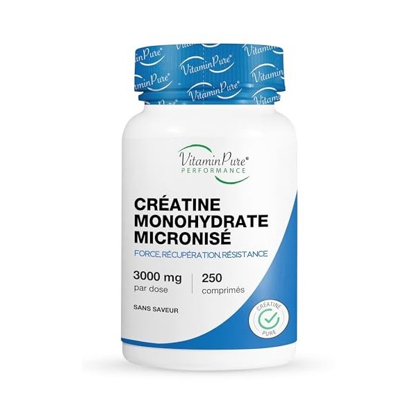 VitaminPure CREATINE MONOIDRATE MICRONIISÉE 250 Comprimés 3000mg à dose - Créatine Monohydrate Pure Pour Force, Récupération 