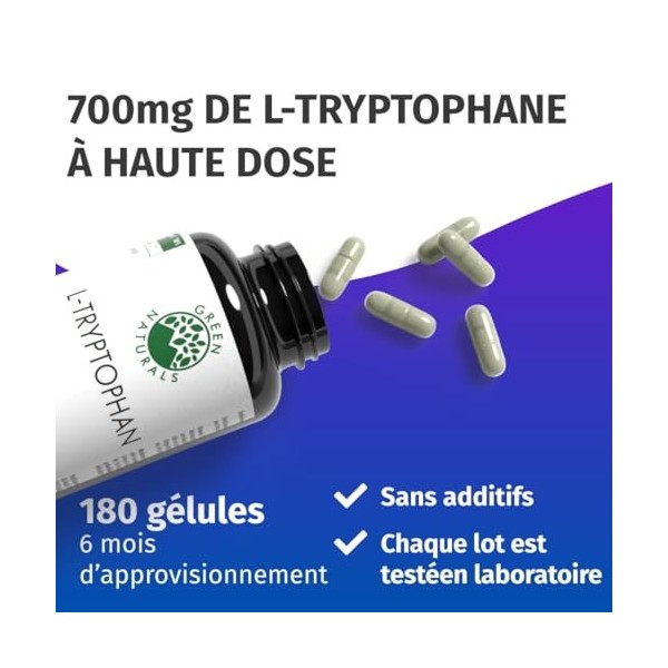 L-Tryptophane - Hautement dosé : 700 mg par gélule - 180 gélules - 6 mois de stock - Végétalien et sans additifs Green Natura