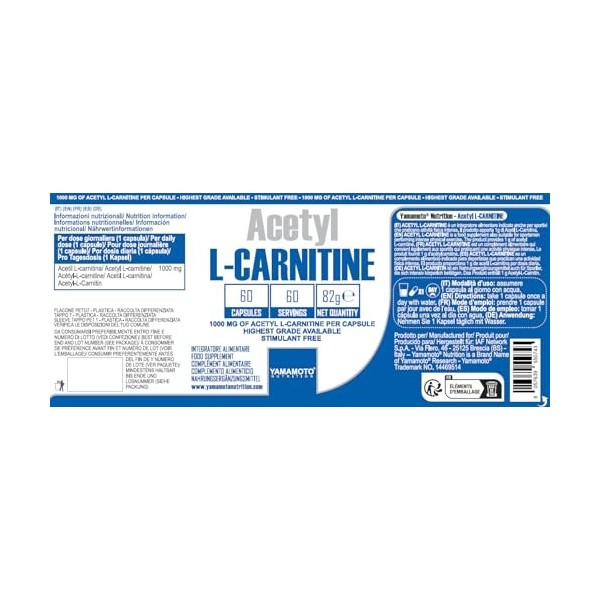 Yamamoto Nutrition 1000 Mg Acétyl L-Carnitine 60 Gélules