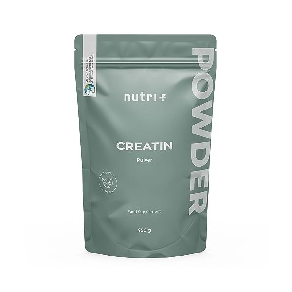 Nutri+ Créatine Monohydrate Poudre 450 g - Créatine Pure 99,9% pure - hautement dosée, ultrafine, végétalienne et neutre - Cr