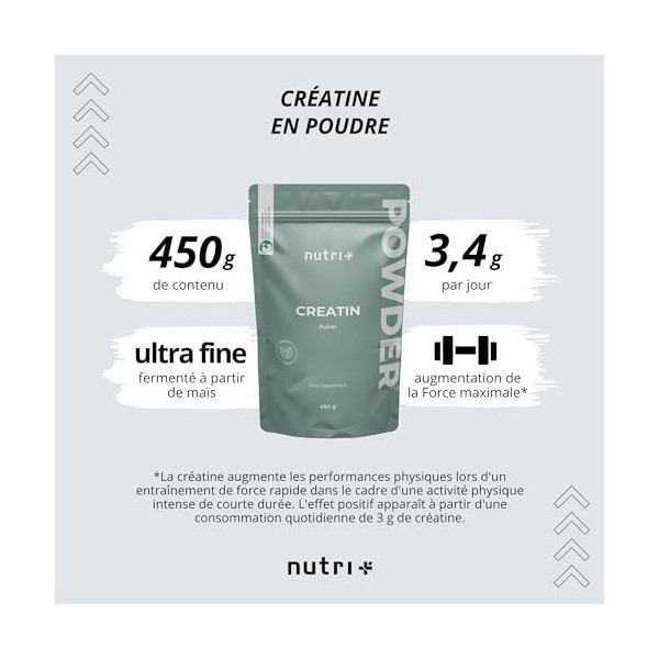 Nutri+ Créatine Monohydrate Poudre 450 g - Créatine Pure 99,9% pure - hautement dosée, ultrafine, végétalienne et neutre - Cr