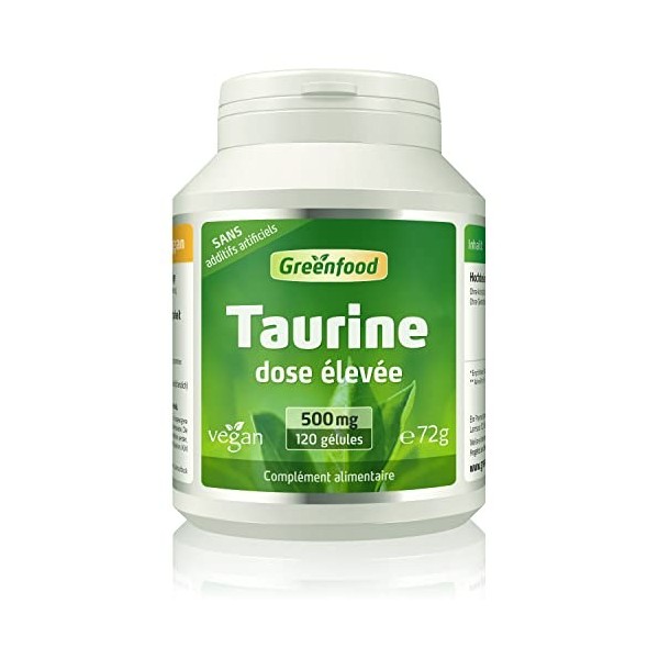 Greenfood Taurine, 500 mg, dose élevée, 120 gélules - SANS additifs artificiels. Sans organisme génétiquement modifié. Vegan