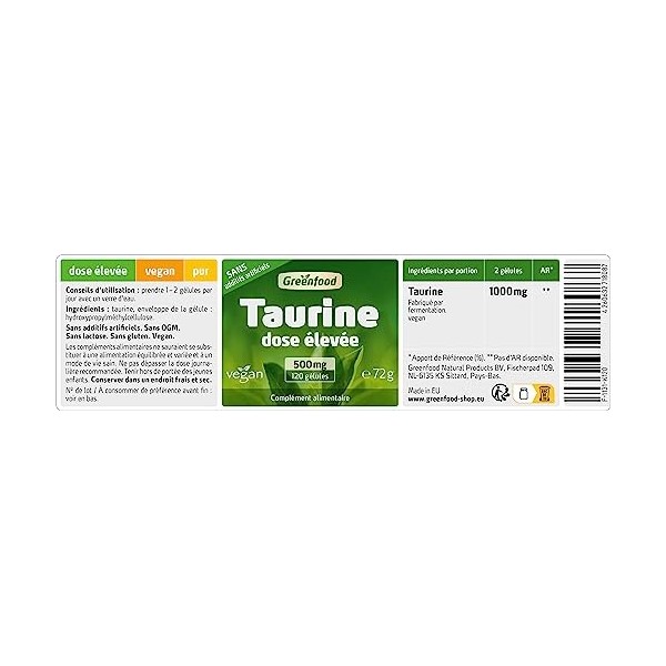 Greenfood Taurine, 500 mg, dose élevée, 120 gélules - SANS additifs artificiels. Sans organisme génétiquement modifié. Vegan