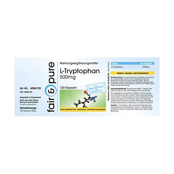 Fair & Pure® - L-tryptophane 500mg - végan - acide aminé essentiel - 120 gélules de tryptophane