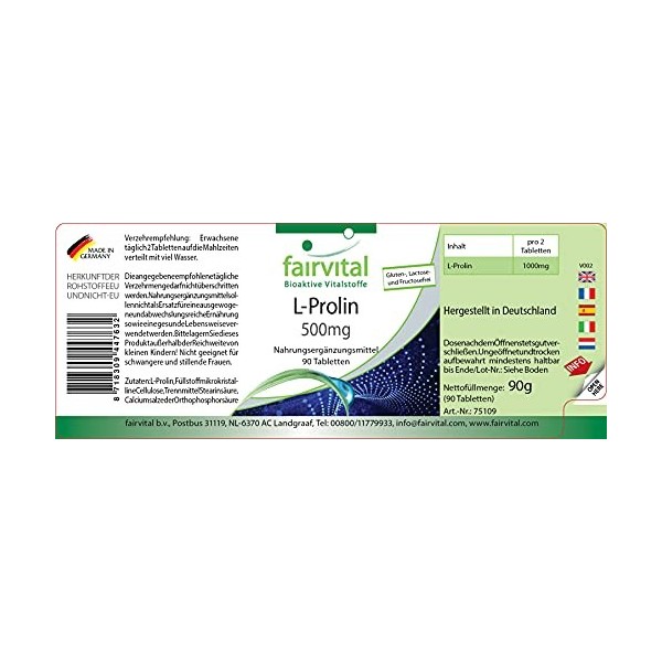 Fairvital | L-proline 500 mg, 45 jours - VEGAN - Hautement dosé - 90 comprimés - acide animé