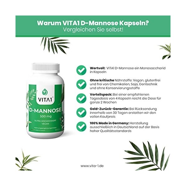 VITA1 D-mannose 500 mg • 60 gélules alimentation 2 semaines • Traitement diététique de la cystite et des infections des voi