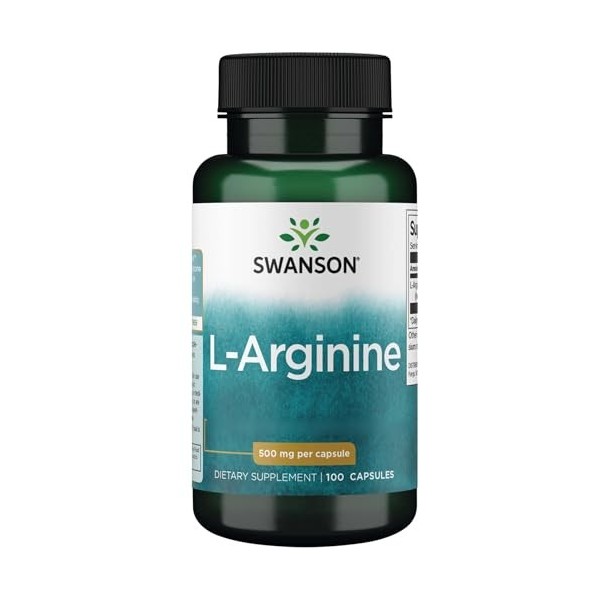 Swanson, L-Arginine, 500mg, 100 Capsules, Acide Aminé, Hautement Dosé, Testé en Laboratoire, Sans Soja, Sans Gluten, Sans OGM