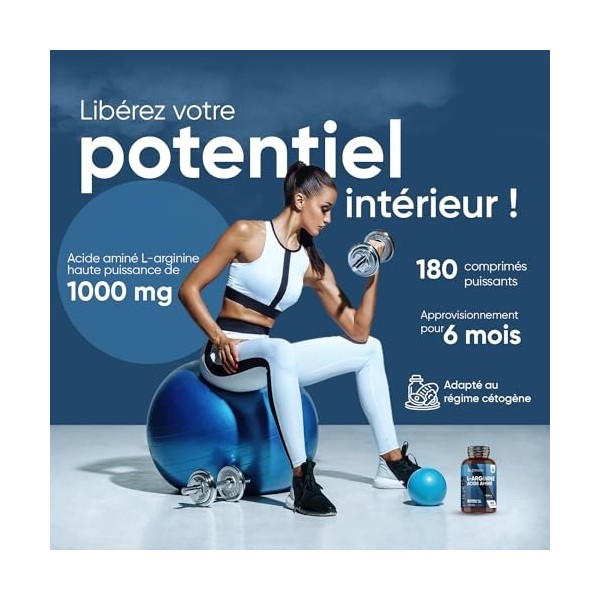 L-Arginine 180 Comprimé Pour 6 Mois 1 /Jour - Acide Aminé Essentiel Naturel Oxyde Nitrique - Sport, Pre Workout Entraînemen