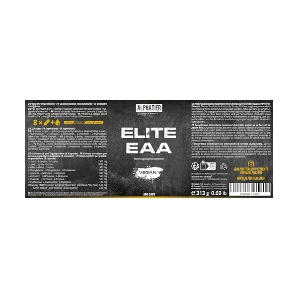 ALPHATIER Capsules dEAA - 360 Mega Caps à 750mg - hautement dosé - 8 acides aminés essentiels - Elite EAAs sans stéarate de 