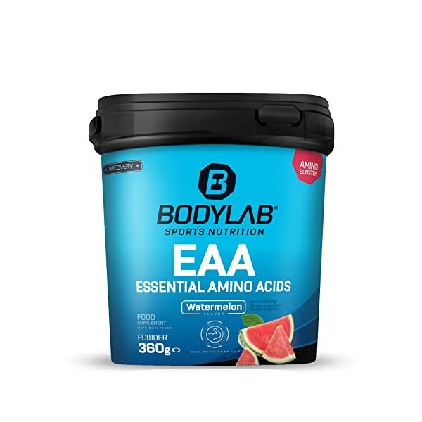 Bodylab24 EAA Essential Amino Acids Pastèque 360g, 8 acides aminés essentiels hautement dosés, tous les BCAA & EAA contenus, 