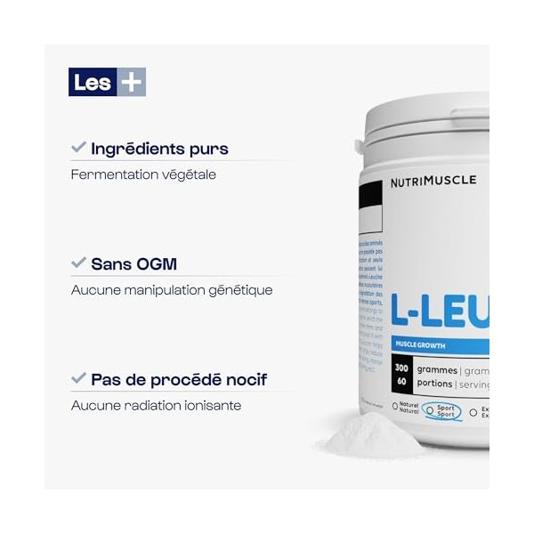 Nutrimuscle - Leucine L-Leucine - 300g - Poudre - Effet anabolique fort - Prise de masse - Construction et Récupération Mus