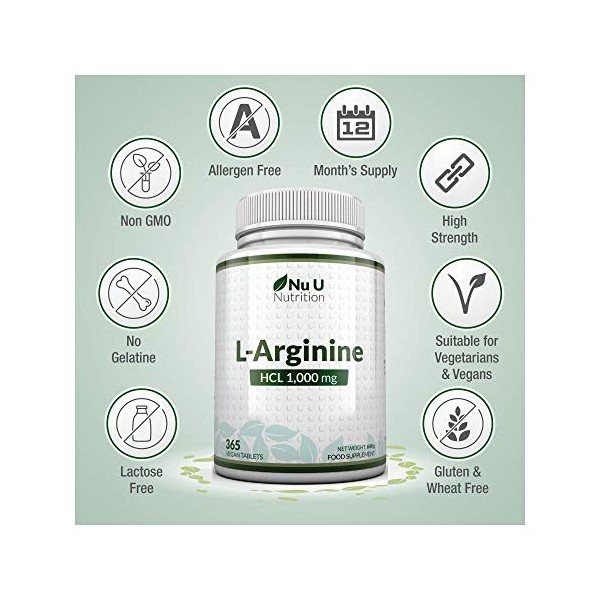 L-Arginine 1000 | 365 comprimés pour Végétariens et Végétaliens | Approvisionnement jusqu’à Une Année de L-Arginine HCL | 100