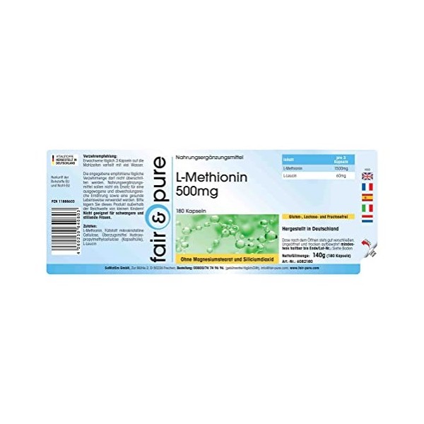 Fair & Pure® - L-Méthionine 500mg - dosage élevé - végan - 180 gélules