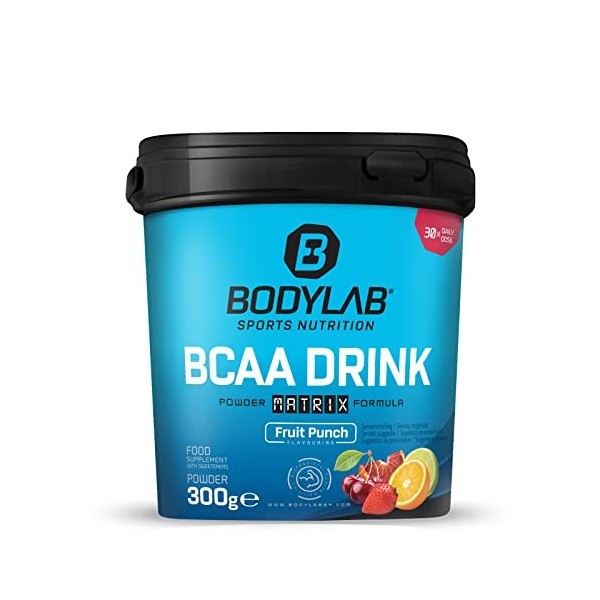 Bodylab24 BCAA Drink Powder Matrix Formula Punch aux fruits 300g, par portion 5g de BCAA avec glutamine, vitamines et magnési