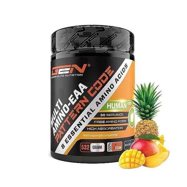 Poudre EAA - 532 g - Mangue Ananas - Code Humain - Les 8 acides aminés essentiels - Boisson Amino Workout - Goût délicieux - 