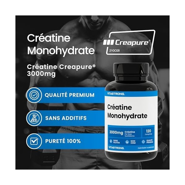 Créatine Monohydrate SEULEMENT 100% CREAPURE® | Vitastrong Créatine en Comprimés | Fin et soluble | pour le développement de 